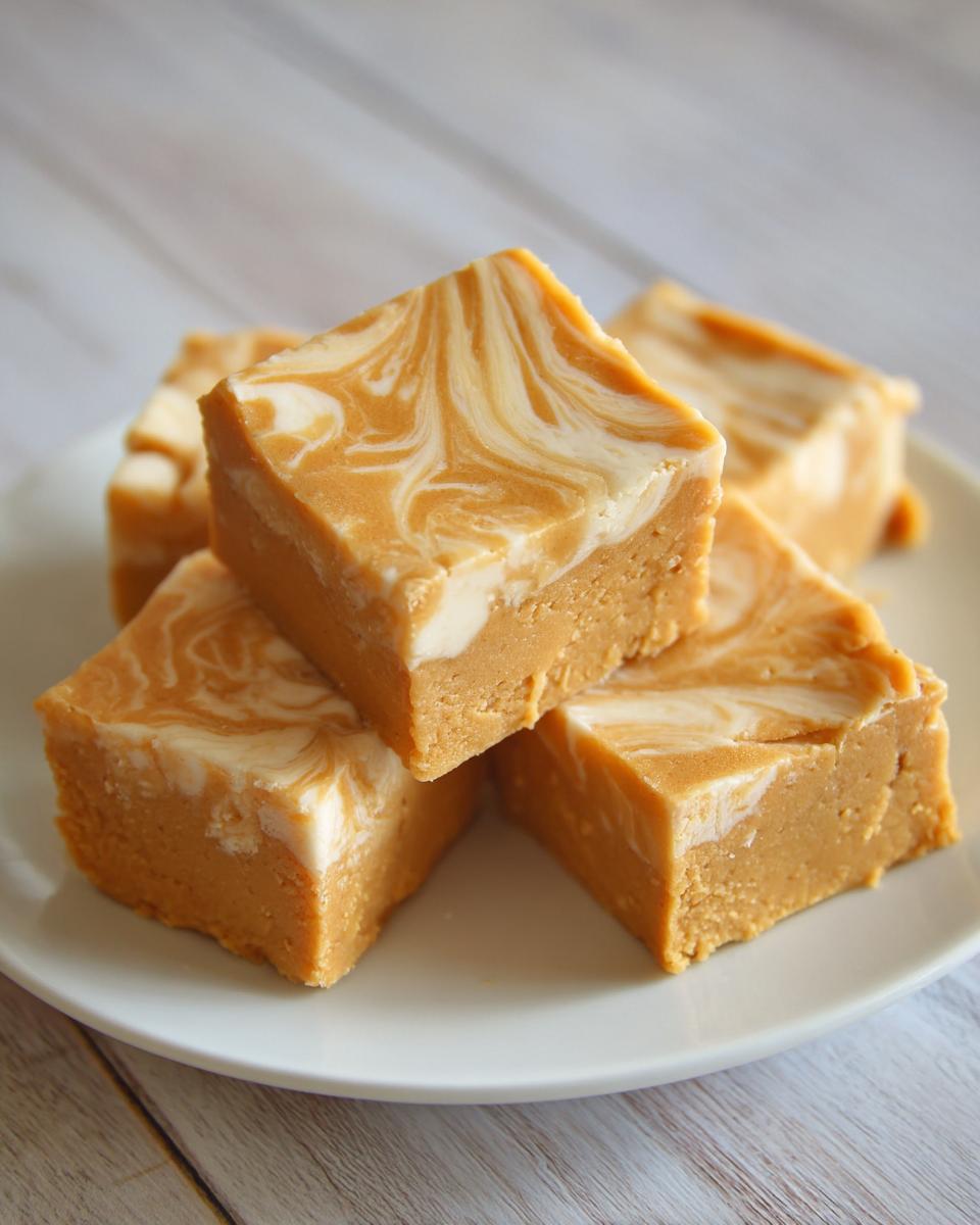 Close-up of stacked keto peanut butter vanilla swirl fudge squares with a marbled top on a white plate.