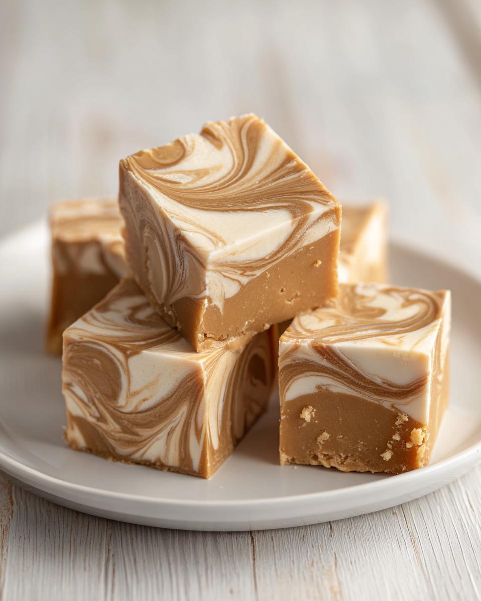 Close-up of stacked squares of keto peanut butter vanilla swirl fudge showing distinct brown and white marbling.