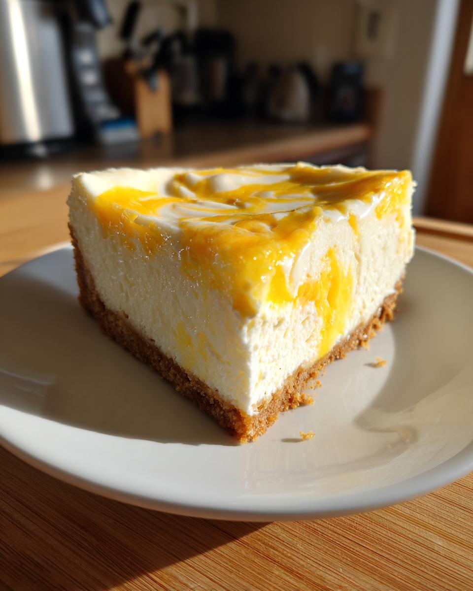 A perfect slice of creamy lemon curd cheesecake with a graham cracker crust, topped with bright yellow lemon curd swirls.