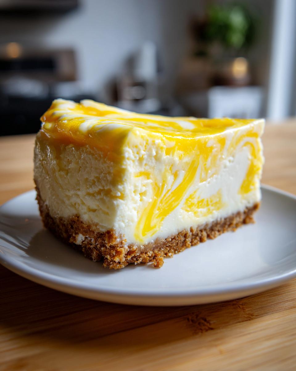 A perfect slice of lemon curd cheesecake featuring a graham cracker crust and a vibrant yellow lemon swirl on top.