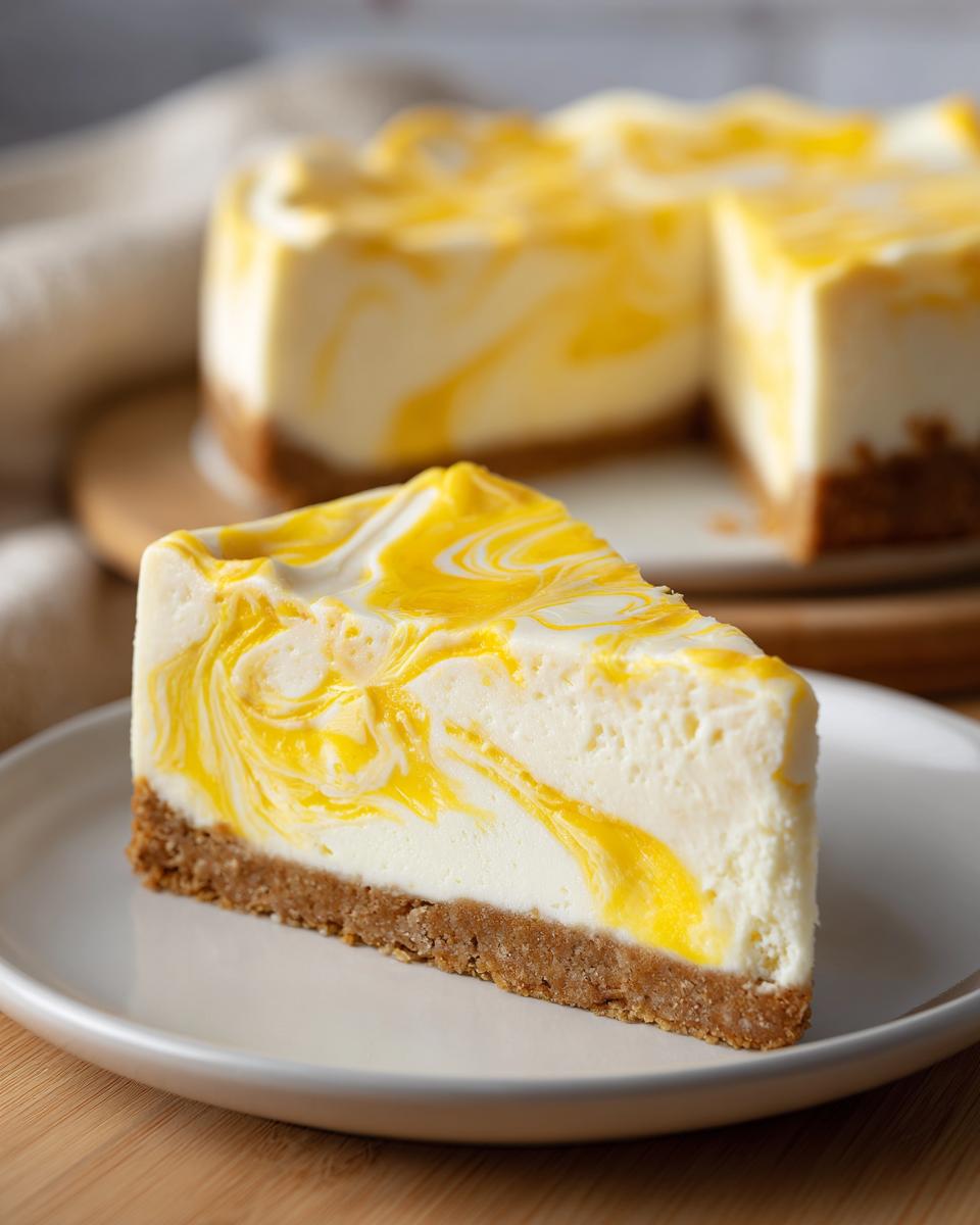 A close-up slice of lemon curd cheesecake featuring a graham cracker crust and a creamy white filling swirled with bright yellow lemon curd.
