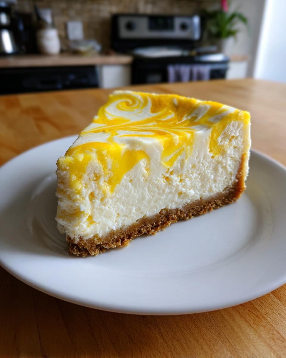 A close-up of a single slice of lemon curd cheesecake with a bright yellow swirl topping on a white plate.