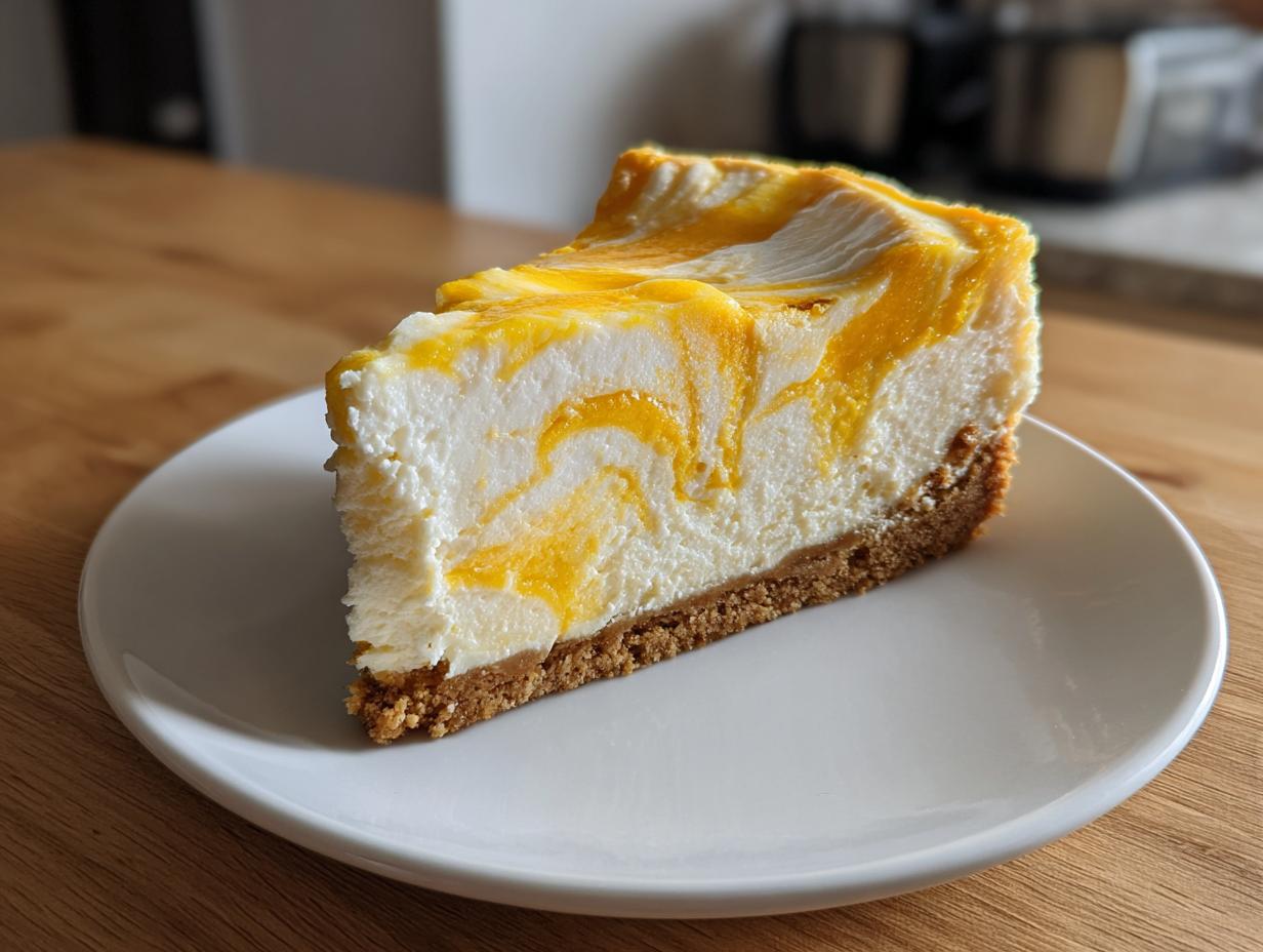 A close-up of a rich slice of lemon curd cheesecake with a graham cracker crust, featuring a beautiful yellow swirl pattern.