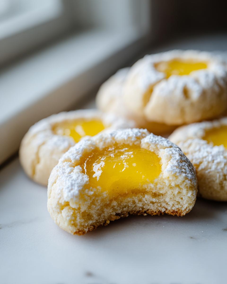 Close-up of a bitten lemon lavender thumbprint cookie dusted with powdered sugar, showing bright yellow lemon filling.