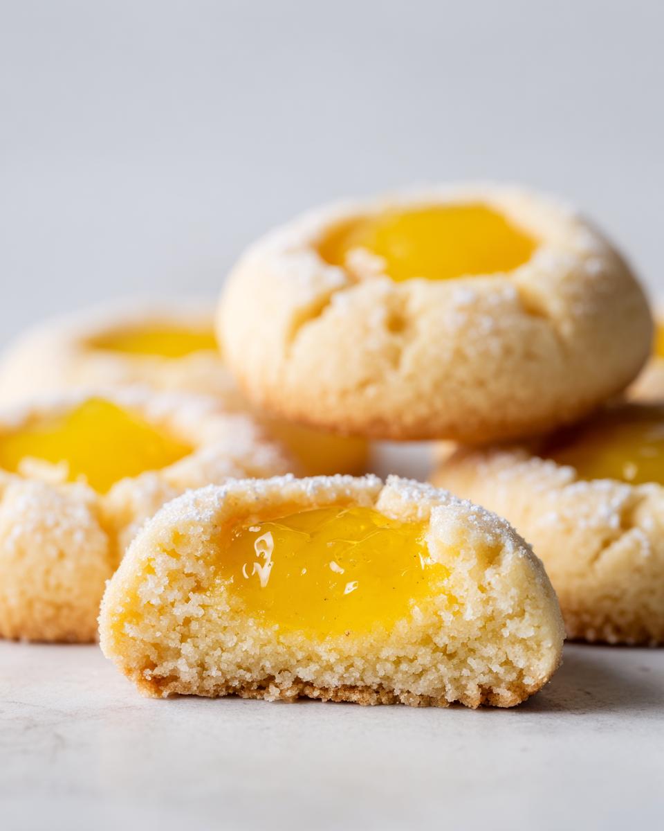 Close-up of a lemon lavender thumbprint cookie cut in half showing the soft interior and bright yellow filling.