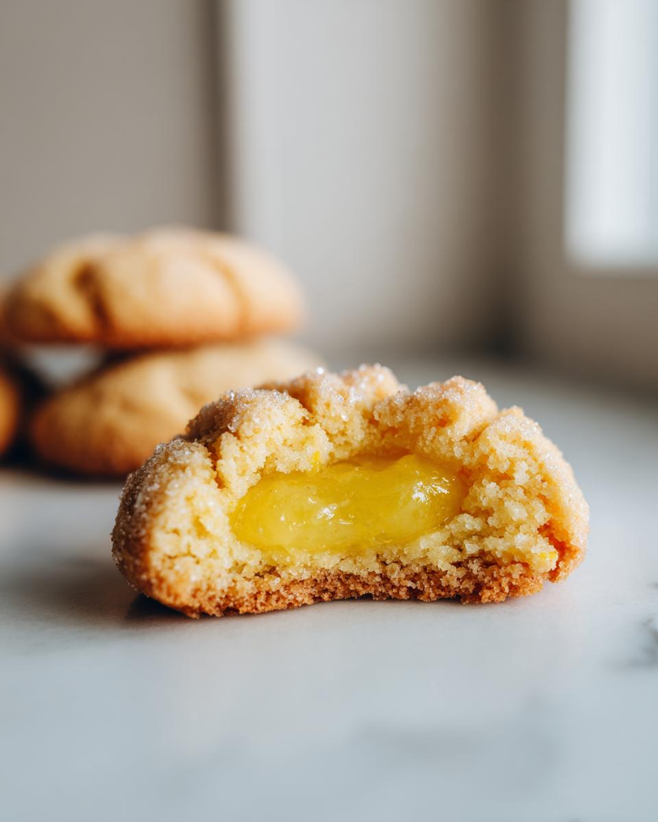 Close-up of a lemon lavender thumbprint cookie cut in half showing the bright yellow lemon filling.
