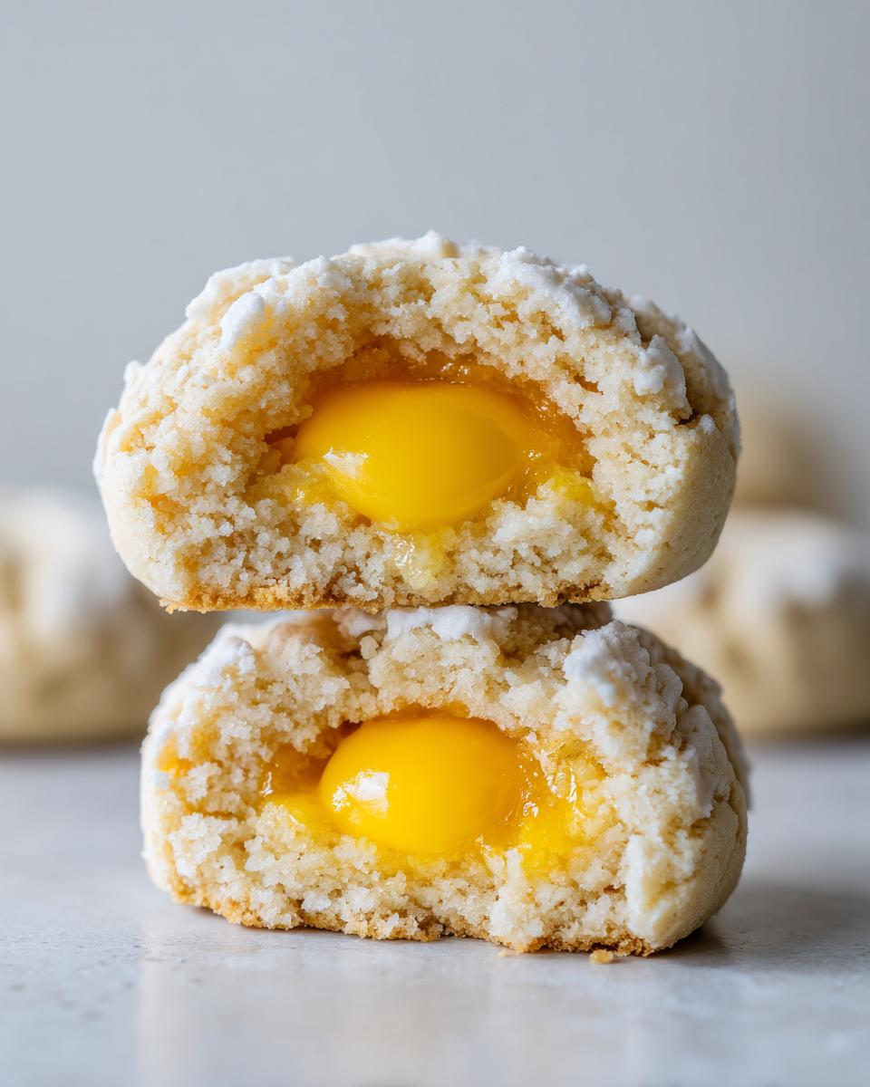 Two halves of a lemon lavender thumbprint cookie stacked, showing the bright yellow lemon curd filling inside the soft cookie.