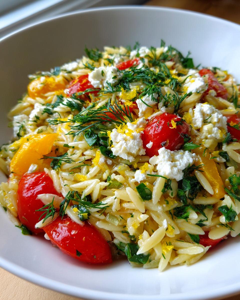 Close-up of a vibrant lemon orzo pasta salad mixed with cherry tomatoes, feta cheese, and fresh dill.