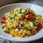 Close-up of a bright lemon orzo pasta salad mixed with halved cherry tomatoes, crumbled feta cheese, and fresh dill.