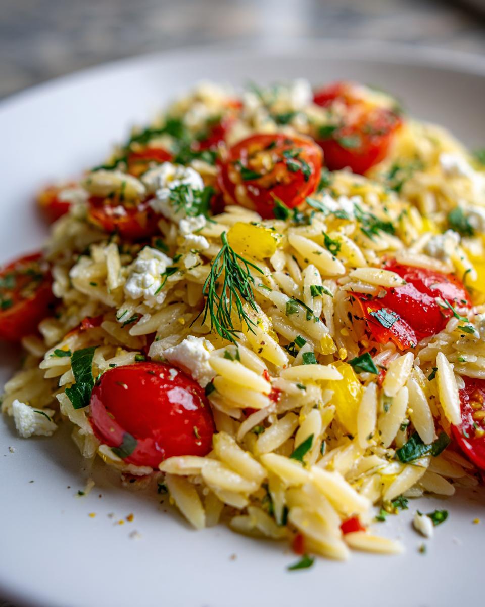 Close-up of a serving of bright lemon orzo pasta salad mixed with halved cherry tomatoes, feta cheese, and fresh herbs.
