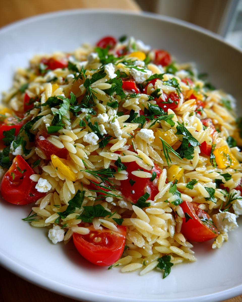 Close-up of a bright lemon orzo pasta salad mixed with halved cherry tomatoes, feta cheese, and fresh parsley.