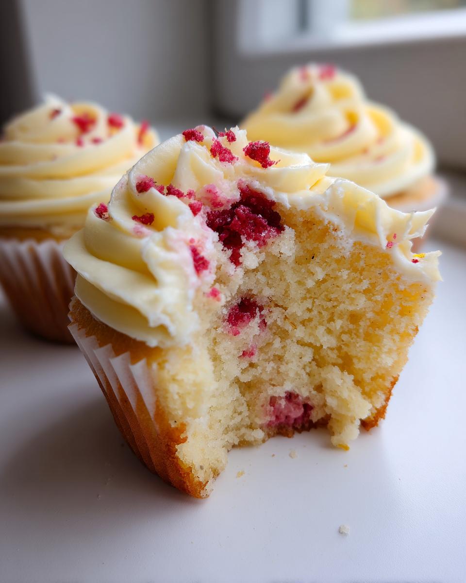 Close-up of a lemon raspberry cupcake with a bite taken out, showing the moist cake and raspberry pieces inside the frosting.