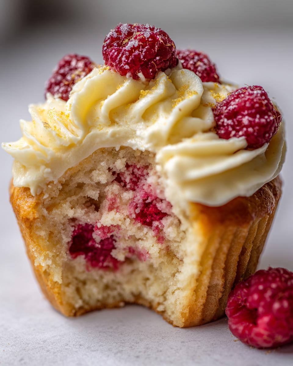 Close-up of a lemon raspberry cupcakes with a bite taken out, showing the raspberry filling and topped with white frosting and fresh raspberries.