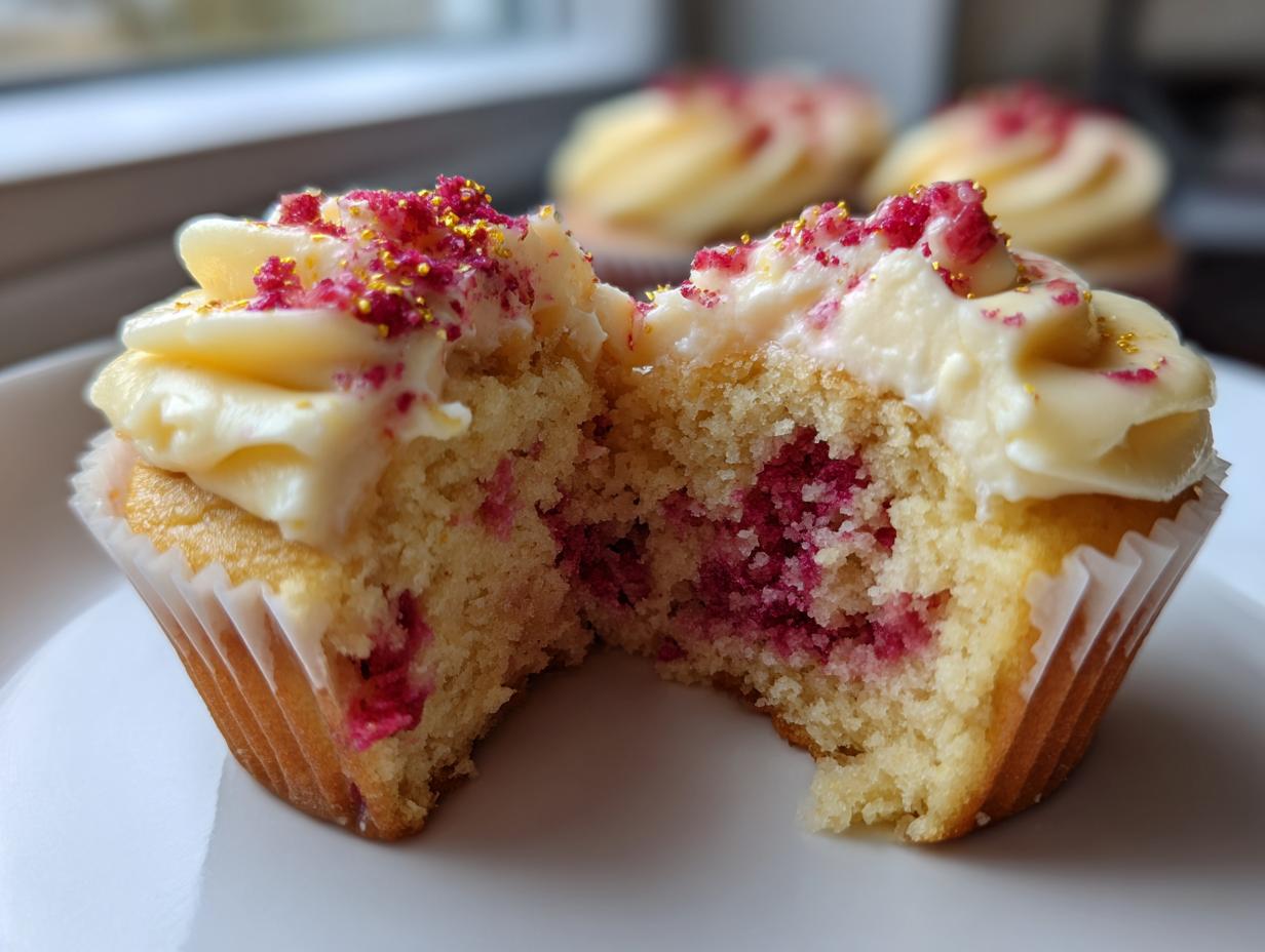 A lemon raspberry cupcakes cut in half showing the moist cake, raspberry filling, and cream cheese frosting topped with sprinkles.