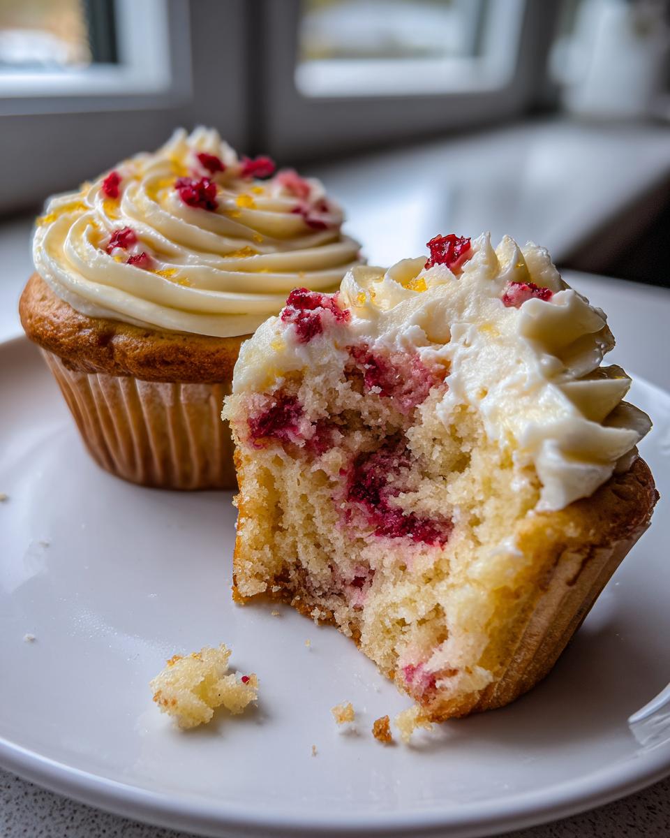Close-up of a lemon raspberry cupcake cut in half showing raspberry filling, topped with white frosting and zest.