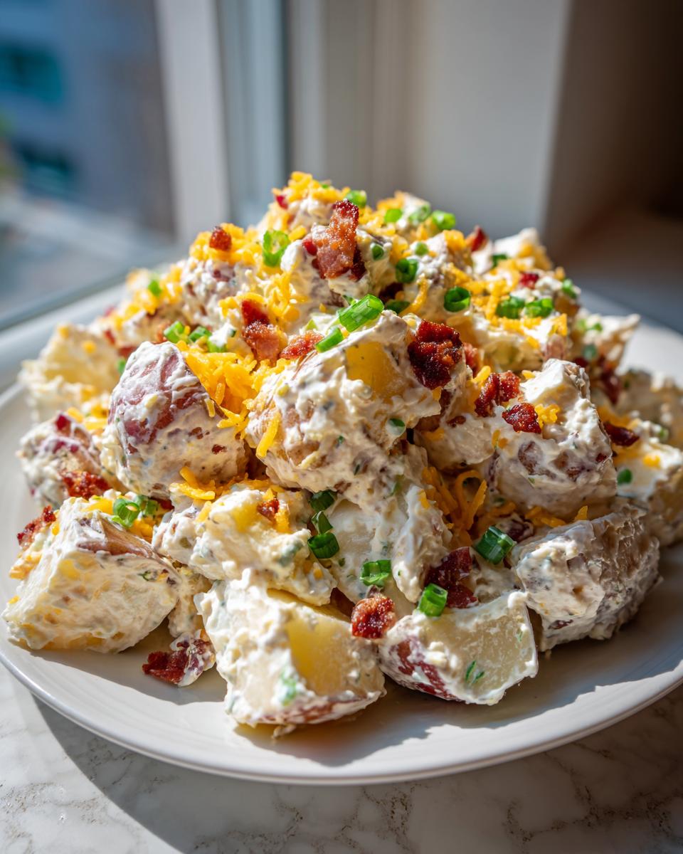 A generous mound of loaded baked potato salad featuring chunks of red potato, creamy dressing, shredded cheddar, bacon bits, and green onions.