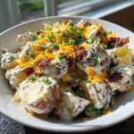 A white bowl filled with creamy loaded baked potato salad, topped generously with shredded cheddar cheese, bacon bits, and green onions.