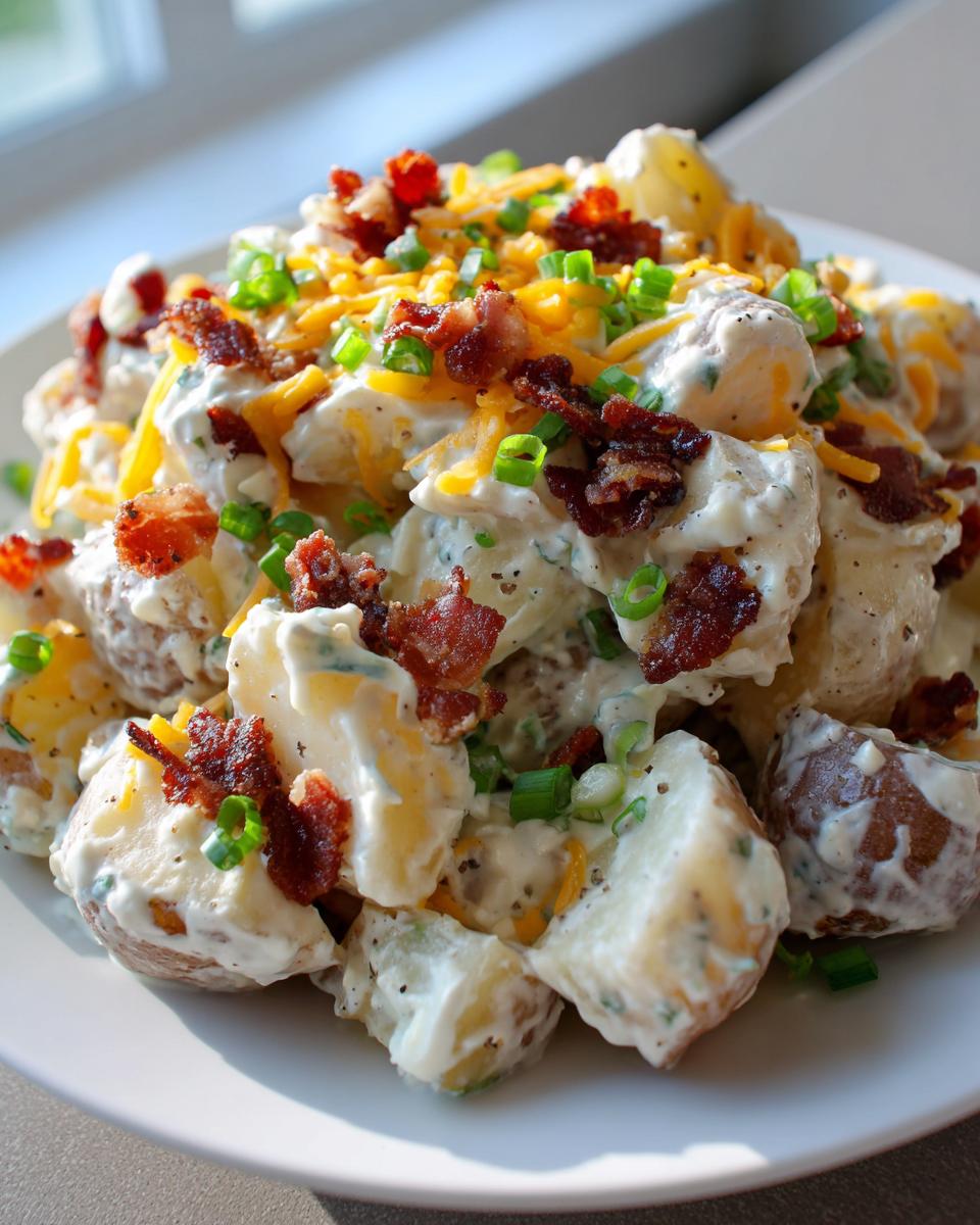 A close-up of creamy loaded baked potato salad topped with bacon bits, shredded cheddar cheese, and green onions.