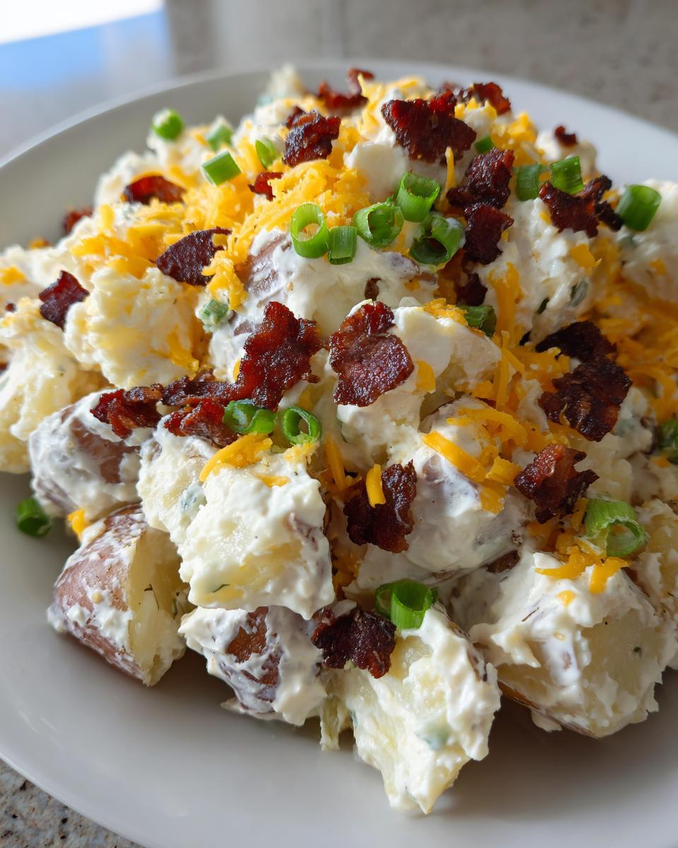 A close-up of creamy loaded baked potato salad chunks topped generously with crispy bacon bits, shredded cheddar cheese, and sliced green onions.