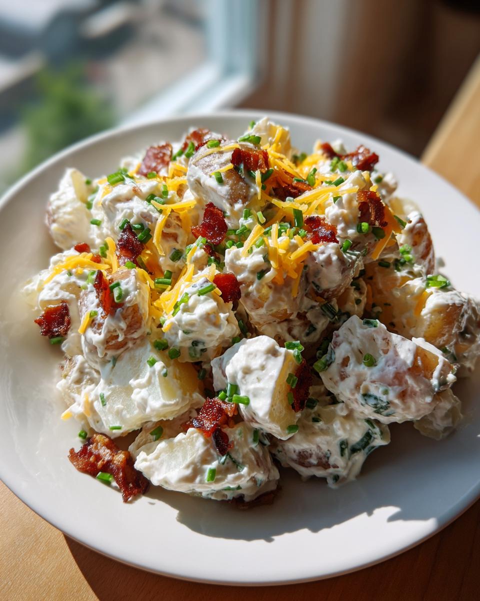 A creamy serving of loaded baked potato salad topped with cheddar cheese, bacon bits, and fresh chives.