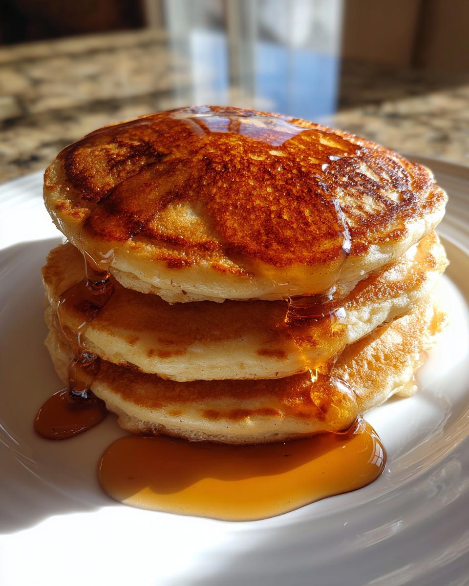 Close-up of a tall stack of golden maple ginger pancakes dripping with rich maple syrup on a white plate.