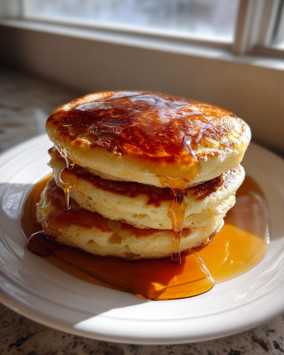 A stack of three fluffy maple ginger pancakes generously drizzled with golden syrup.