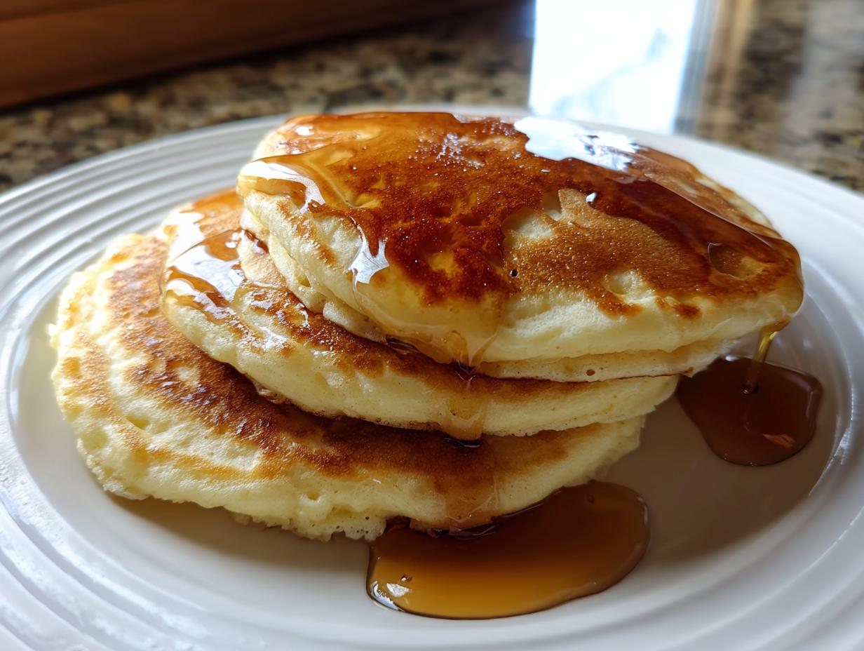 A stack of three fluffy maple ginger pancakes generously drizzled with golden syrup on a white plate.