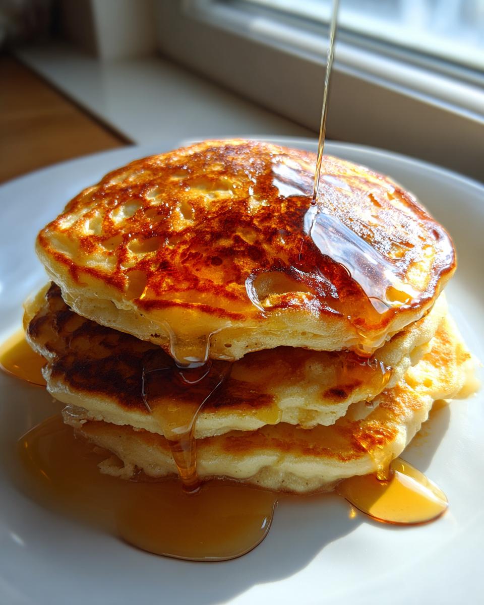 A tall stack of golden brown maple ginger pancakes being drizzled with syrup on a white plate.