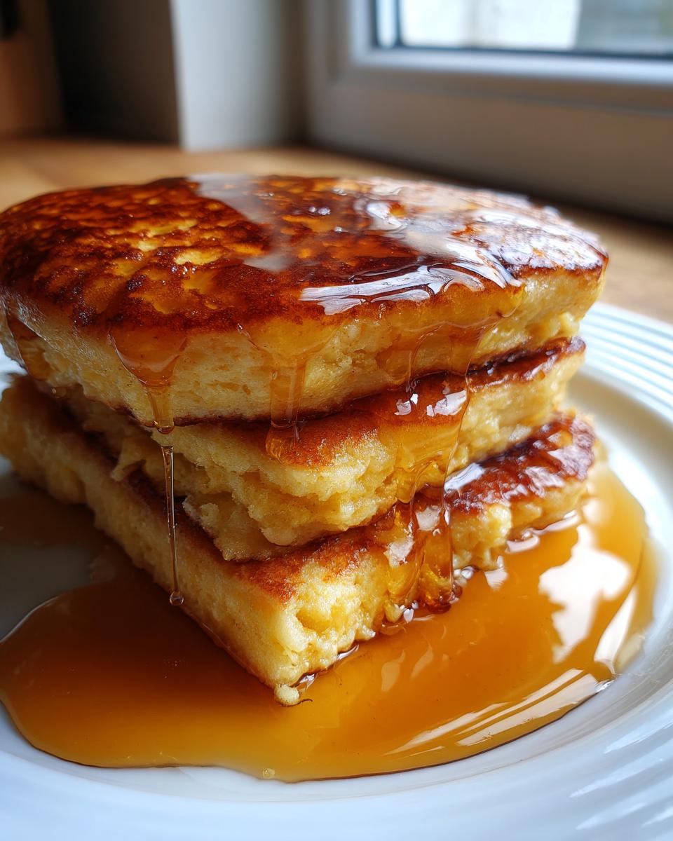 Close-up of a tall stack of fluffy maple ginger pancakes dripping with golden syrup on a white plate.