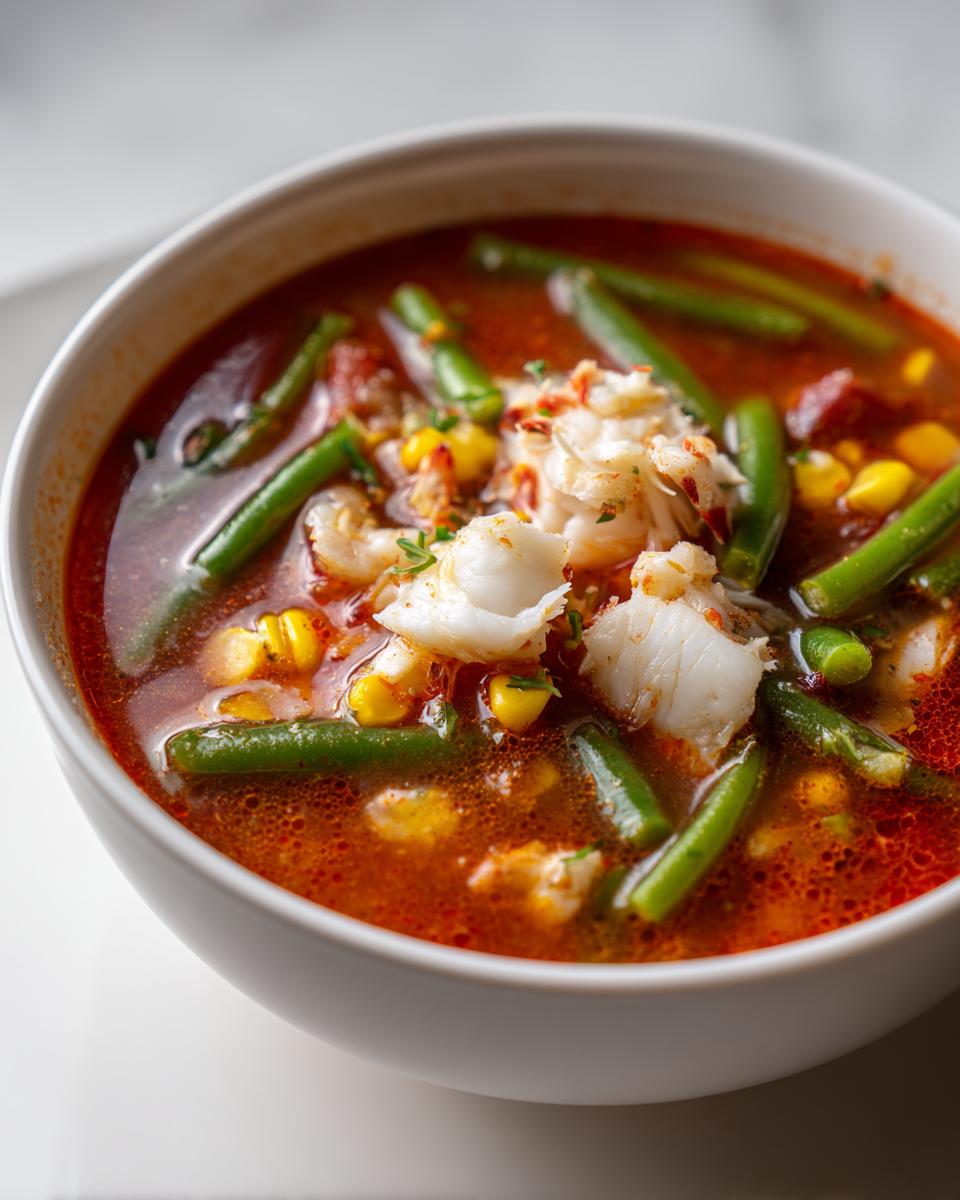 A close-up shot of a bowl of rich, red Maryland crab soup filled with large chunks of white crab meat, green beans, and corn.