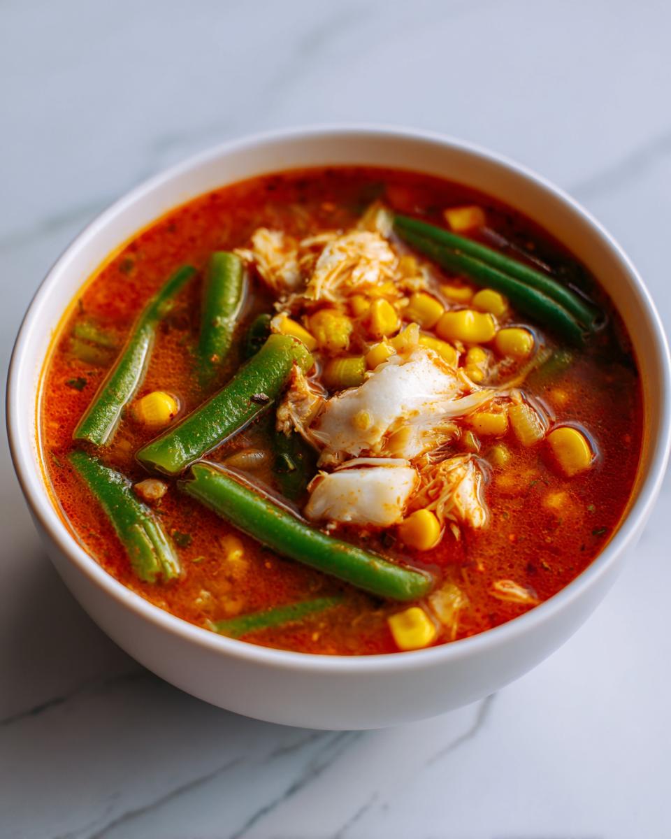 Close-up of a white bowl filled with rich, red maryland crab soup, featuring large chunks of white crab meat, green beans, and corn.