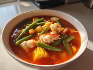 Close-up of a bowl of rich, red Maryland crab soup filled with crab meat, green beans, corn on the cob pieces, and potatoes.