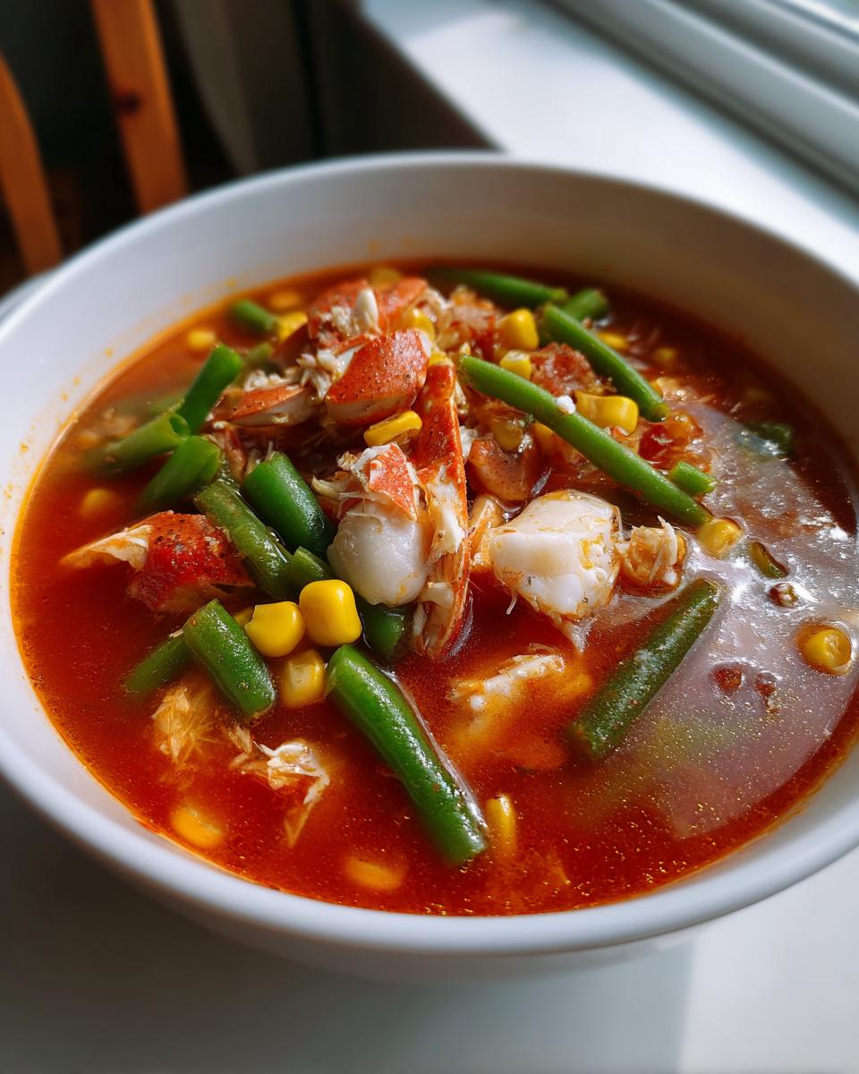 Close-up of a white bowl filled with vibrant Maryland crab soup, featuring chunks of crab meat, green beans, and corn kernels in a reddish broth.