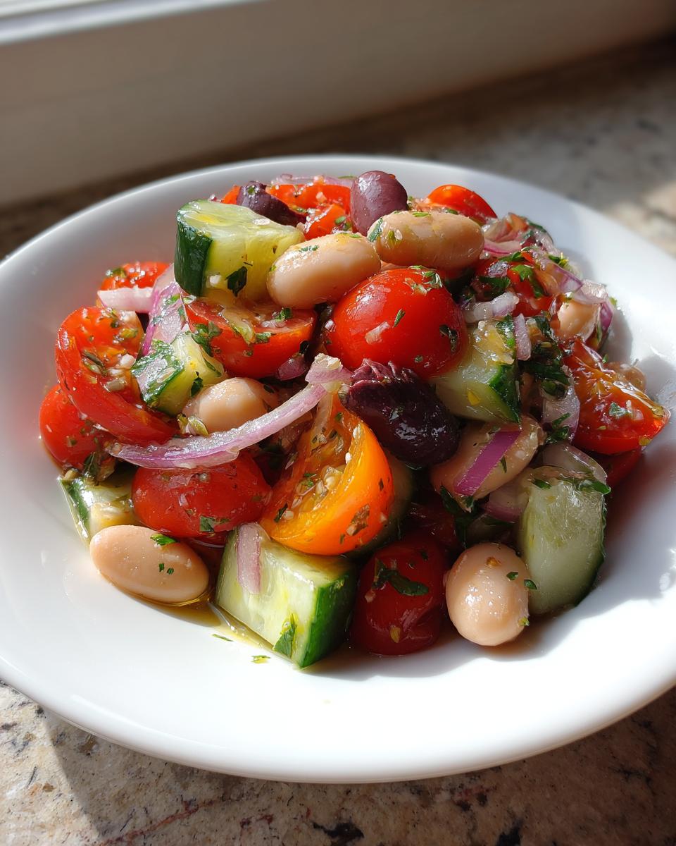 Close-up of a fresh mediterranean white bean salad featuring beans, cherry tomatoes, cucumber, olives, and red onion.