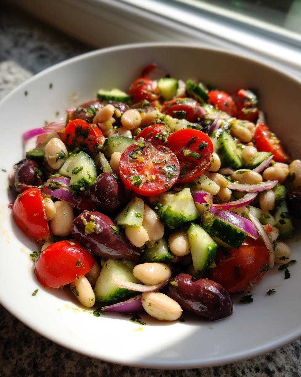 Close-up of a fresh mediterranean white bean salad featuring white beans, halved cherry tomatoes, cucumbers, red onion, and Kalamata olives.