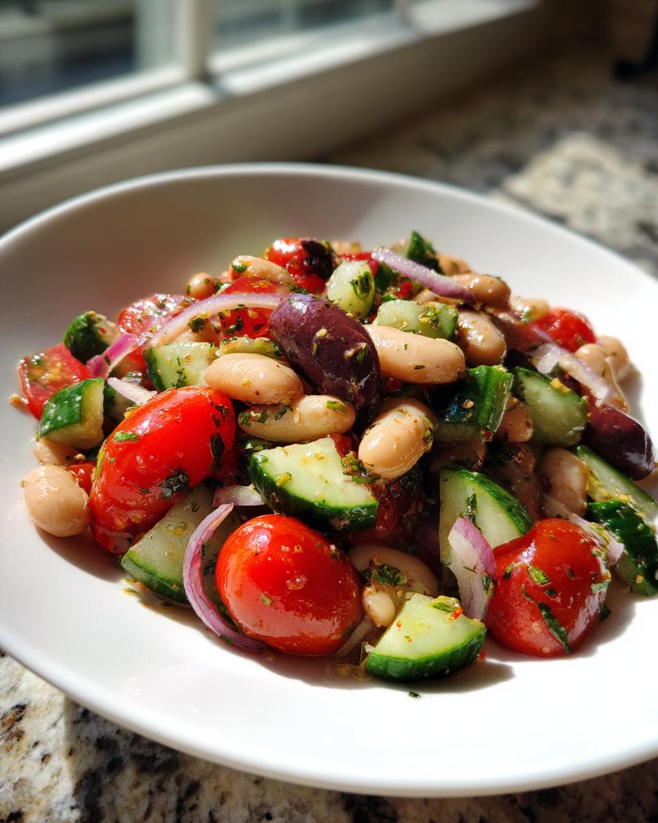 Close-up of a fresh mediterranean white bean salad featuring white beans, cherry tomatoes, cucumbers, and Kalamata olives.