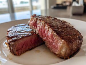 Close-up of a perfectly seared steak, cut in half to show a medium-rare interior, demonstrating how to achieve melt-in-your-mouth steak.