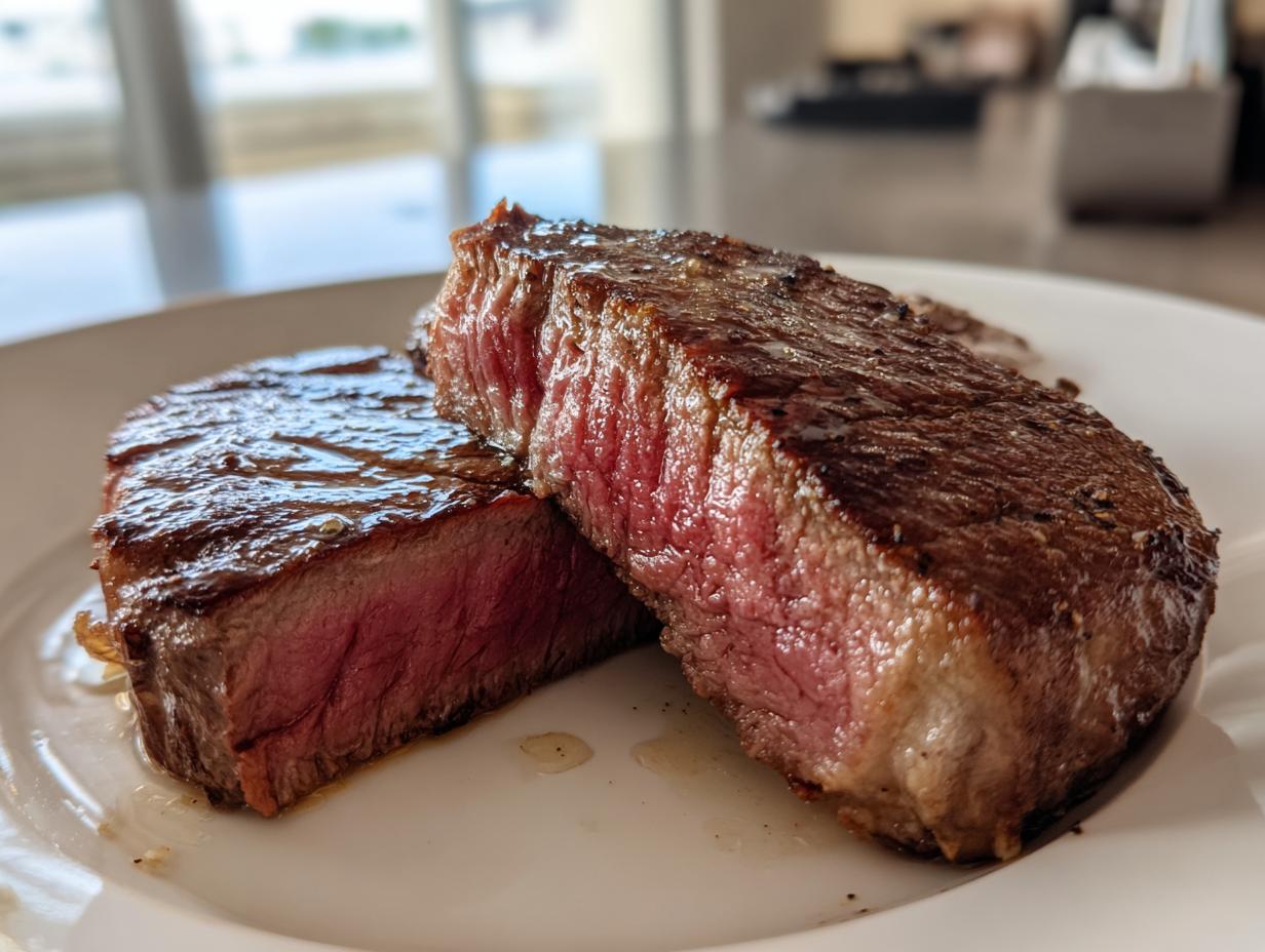 Close-up of a perfectly seared steak, cut in half to show a medium-rare interior, demonstrating how to achieve melt-in-your-mouth steak.