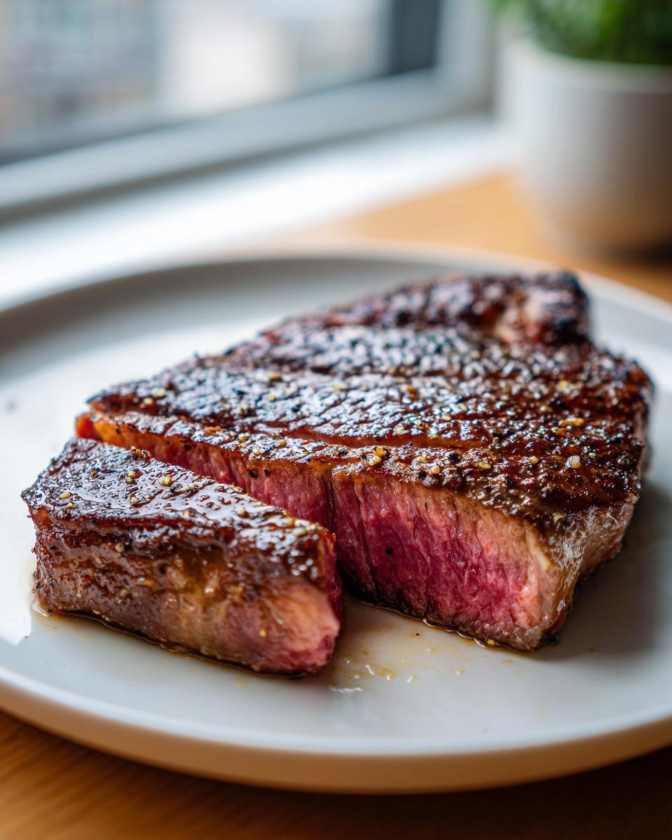 Close-up of a perfectly cooked, medium-rare melt-in-your-mouth steak, sliced on a white plate.