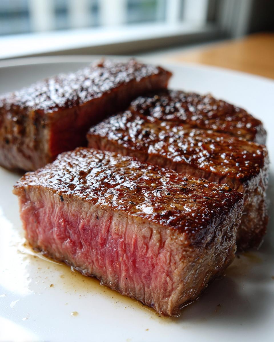 Close-up of thick-cut steak pieces showing a beautiful sear and a juicy, pink interior, demonstrating how to achieve melt-in-your-mouth steak.