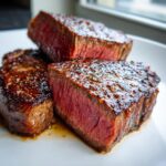 Close-up of three thick-cut steaks, sliced to show a juicy, medium-rare interior, perfect for melt-in-your-mouth steak.