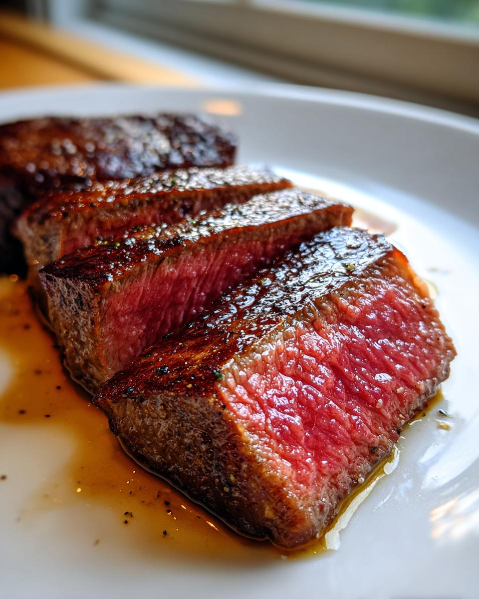 Close-up of perfectly seared, medium-rare melt-in-your-mouth steak, sliced and resting in its juices.
