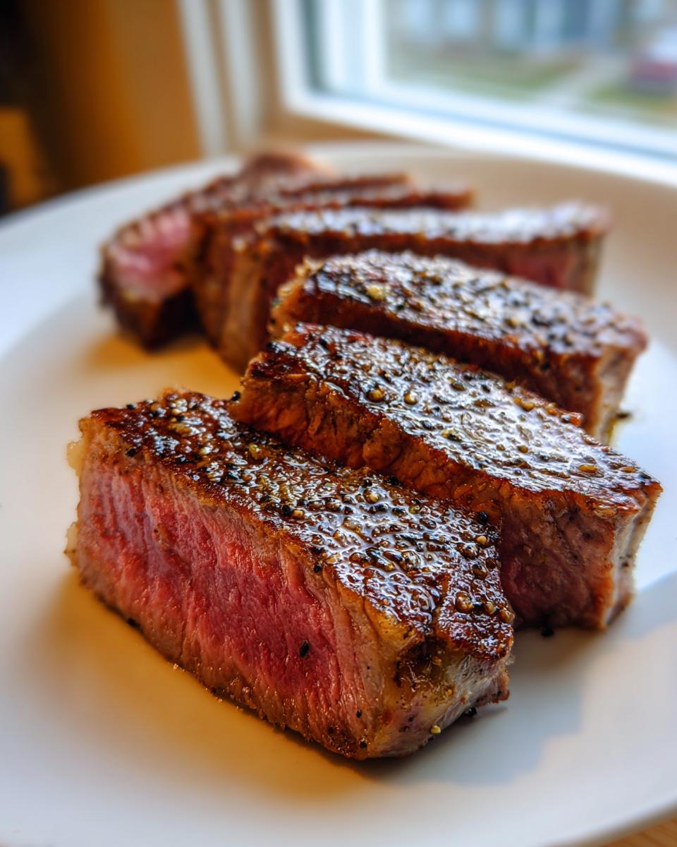 Close-up of several thick slices of medium-rare melt-in-your-mouth steak, seasoned with cracked pepper, resting on a white plate.
