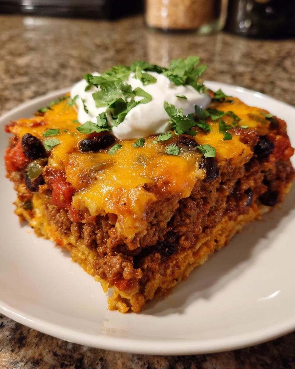 A single serving of amazing Mexican lasagna topped with melted cheese, sour cream, and fresh cilantro.