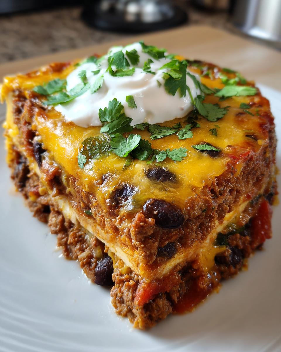 A close-up of a layered slice of Mexican lasagna topped with melted cheese, sour cream, and fresh cilantro.
