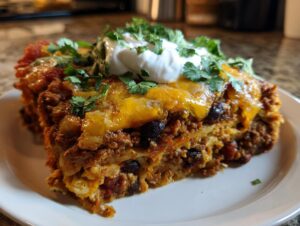 A generous slice of Mexican lasagna layered with meat, beans, and cheese, topped with sour cream and fresh cilantro.