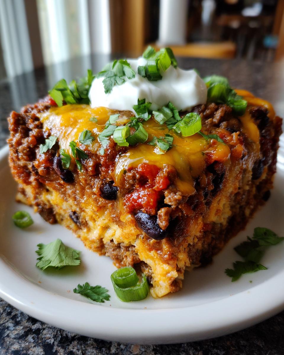 A hearty slice of Mexican lasagna topped with melted cheese, sour cream, and fresh green onions.