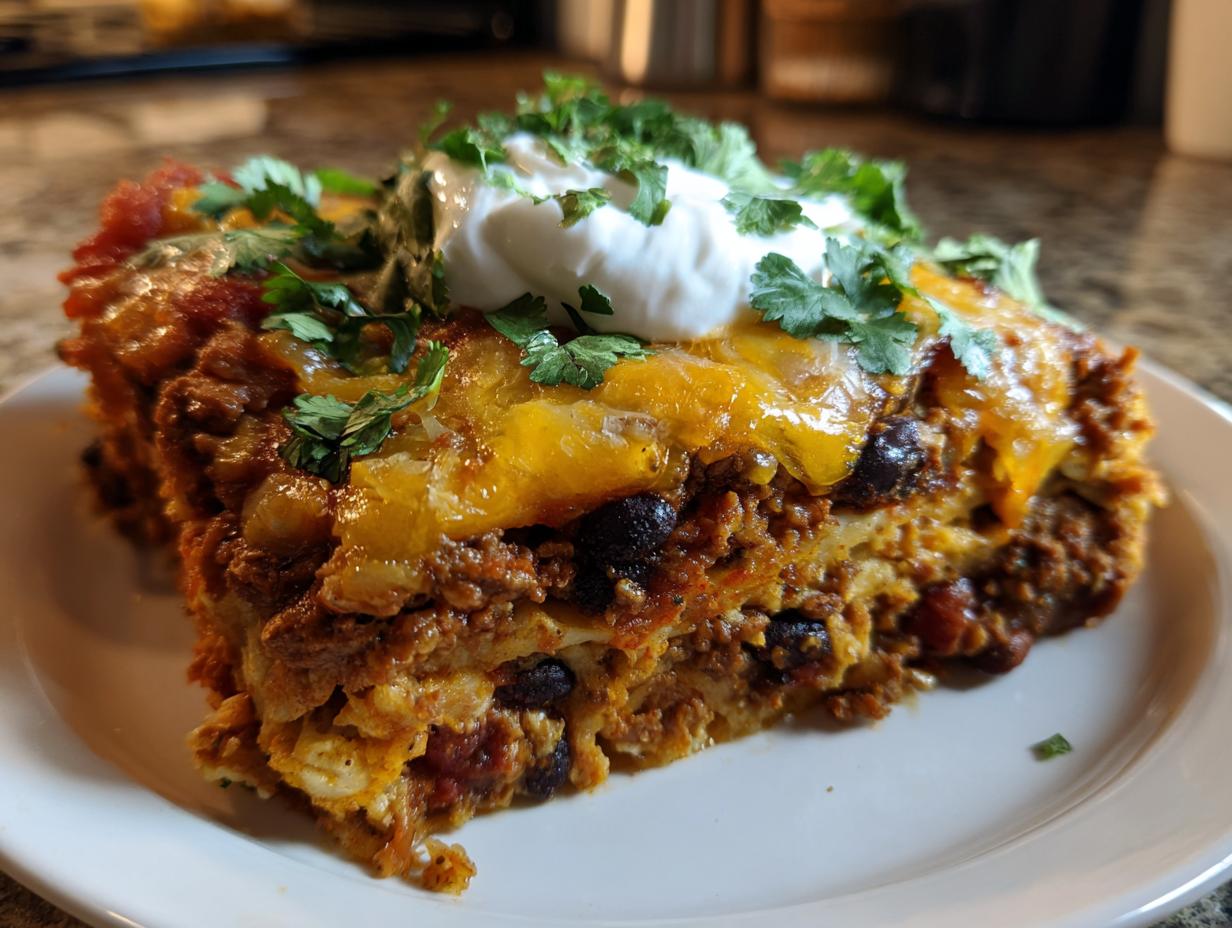 A generous slice of Mexican lasagna layered with meat, beans, and cheese, topped with sour cream and fresh cilantro.