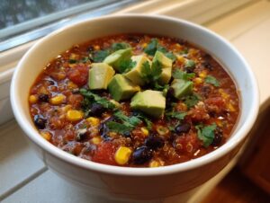 A close-up of a white bowl filled with rich Mexican quinoa soup, topped with diced avocado and fresh cilantro.