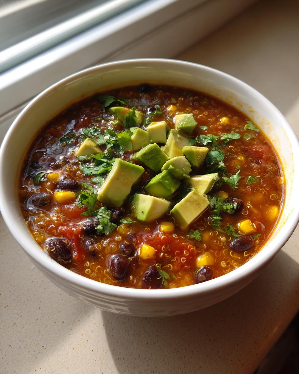 A close-up of a white bowl filled with rich Mexican quinoa soup, topped with diced avocado and fresh cilantro.